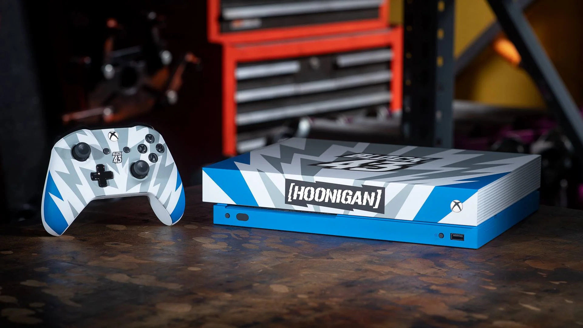  Microsoft Xbox One X Hoonigan Block 43 White and Blue Console