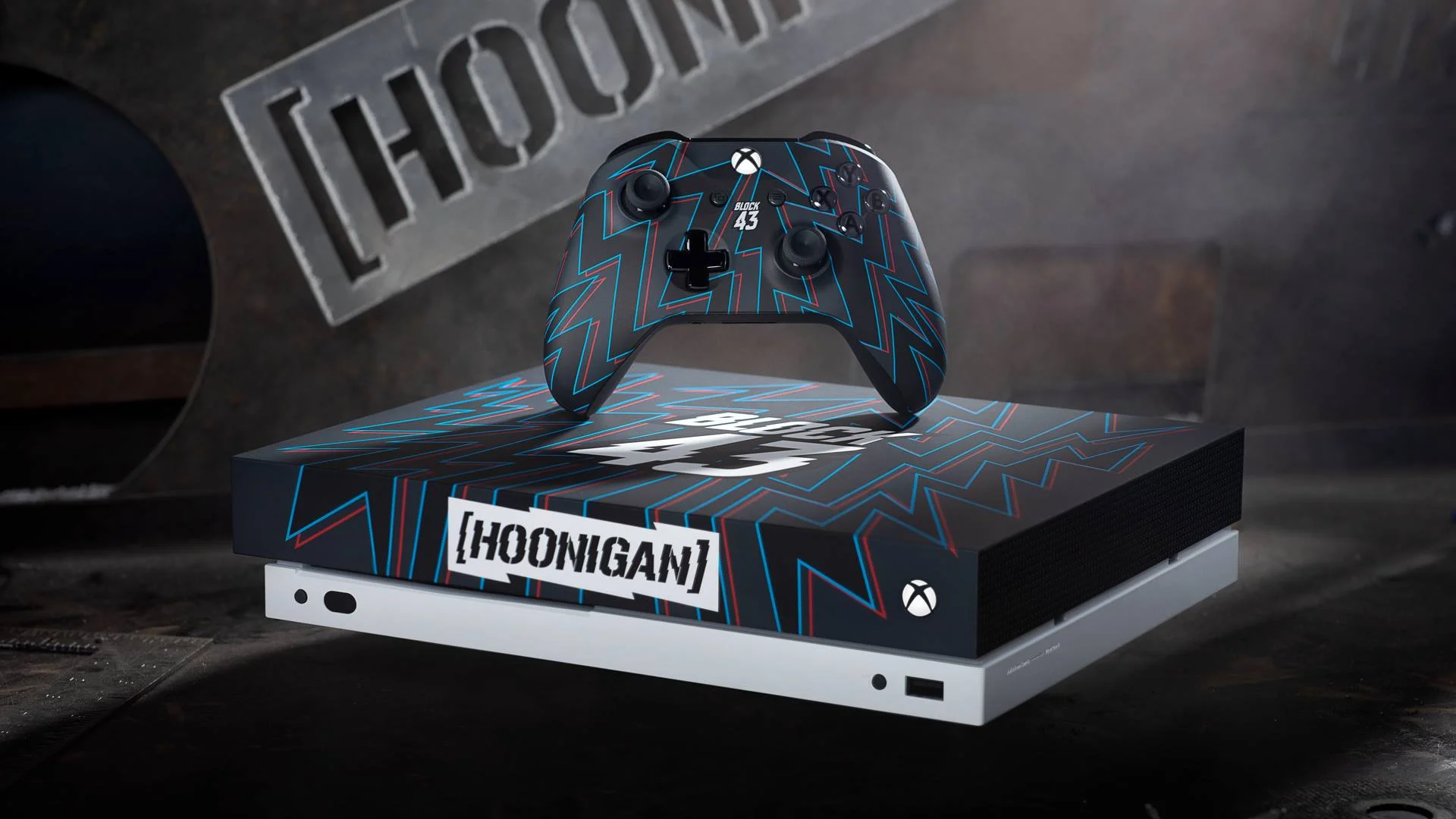 Microsoft Xbox One X Hoonigan Block 43 Black and Blue/Red Console