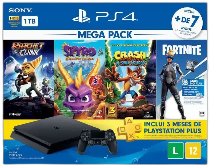 Console Playstation 4 Mega Pack V7 c/ 3 Jogos 2 Controles Pretos - Sony