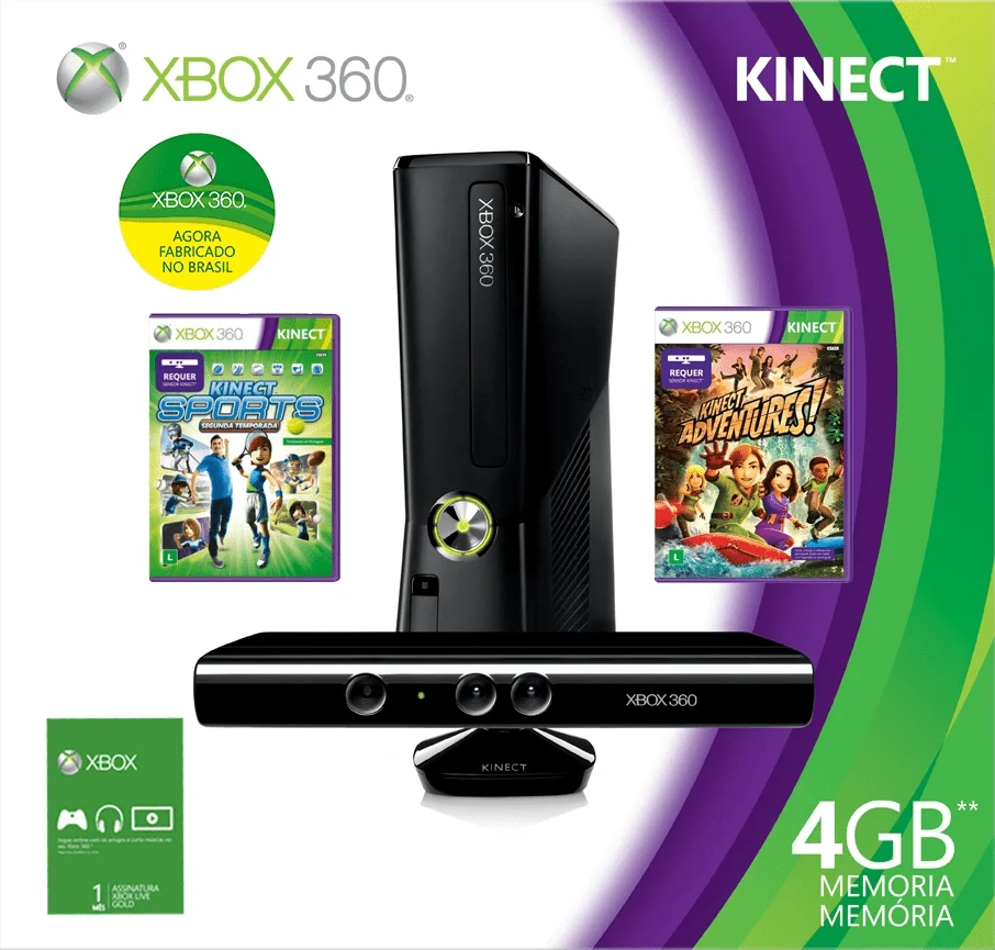  Microsoft Xbox 360 4GB + Kinect + Kinect Adventures and Kinect Sports + 1 Month Live Gold Bundle [BR]