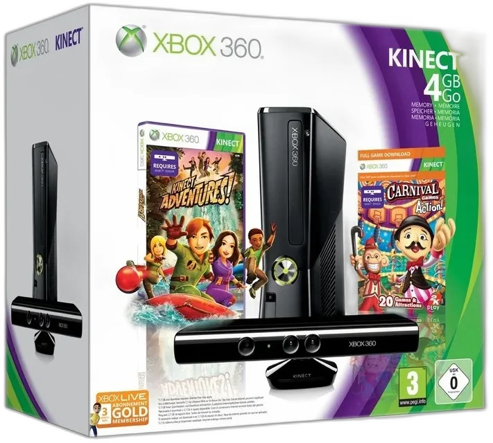  Microsoft Xbox 360 Slim Kinect Adventures + Carnival Bundle
